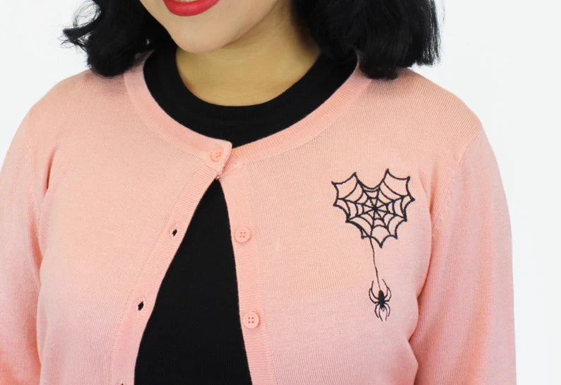 Embroidered Webbed Heart Pink Knit Cardigan #E-WHPC