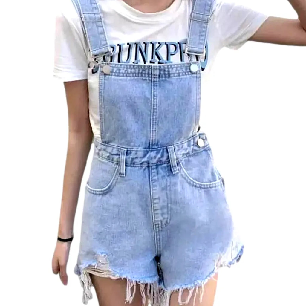 Trendy light wash overall shorts