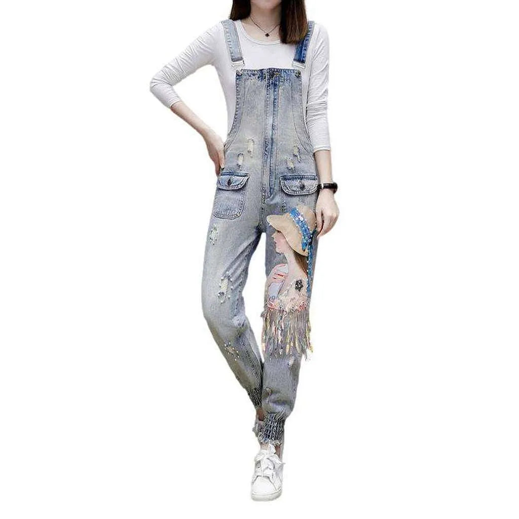 Women's slim denim embroidered dungaree