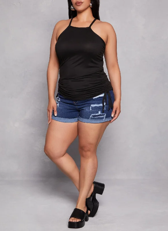 Plus Size Drawstring Ruched High Neck Tank Top