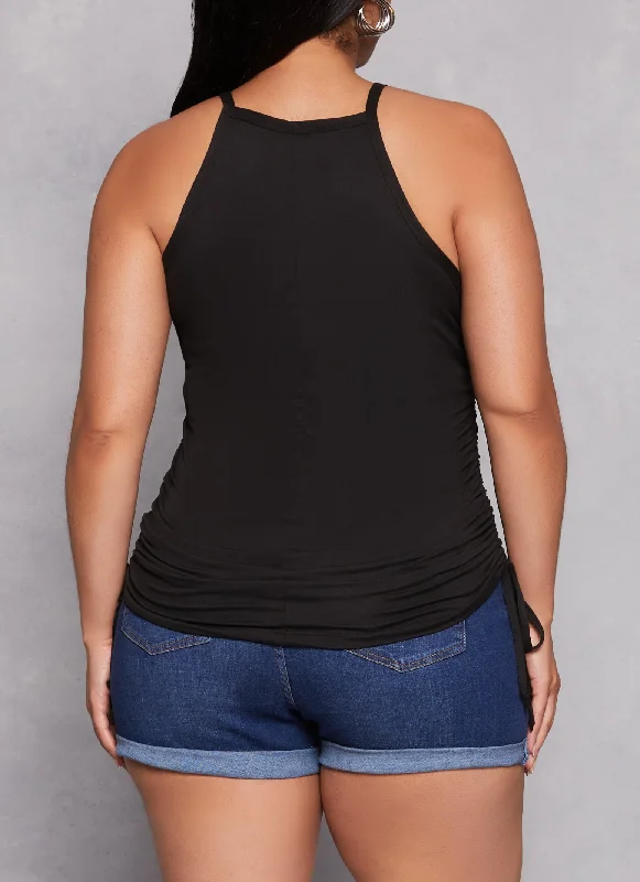 Plus Size Drawstring Ruched High Neck Tank Top