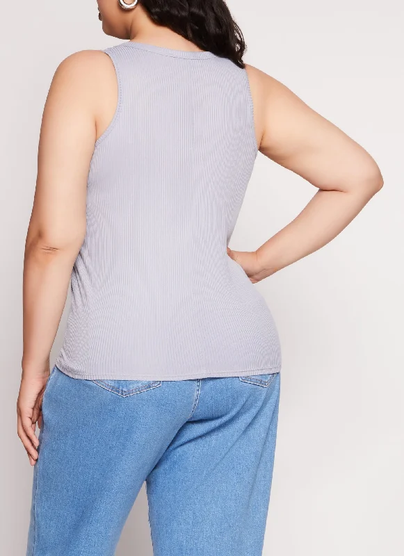 Plus Size Rib Knit Notch Neck Tank Top