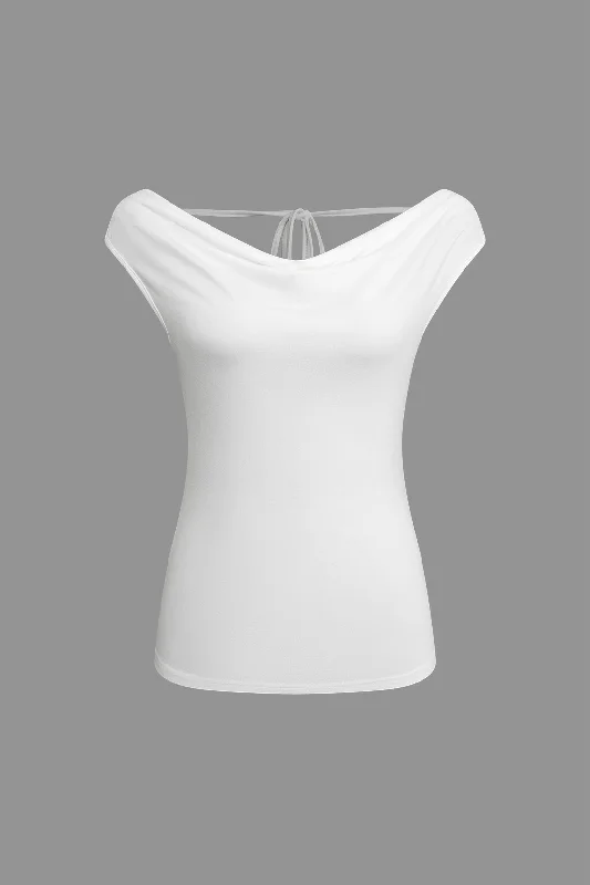 Solid  Backless Draped Cowl Neck Tie-Up T-Shirt