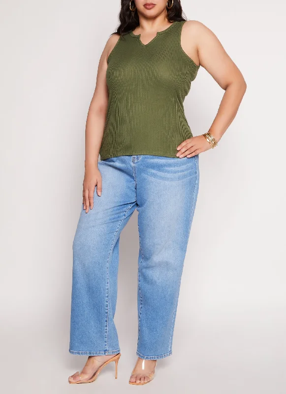 Plus Size Rib Knit Notch Neck Tank Top