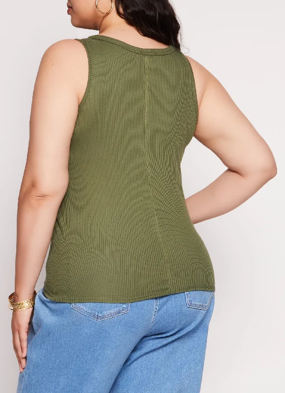 Plus Size Rib Knit Notch Neck Tank Top