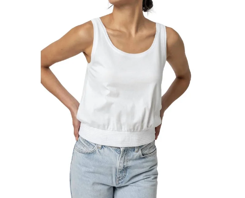 Smocked Hem Tank Top In White