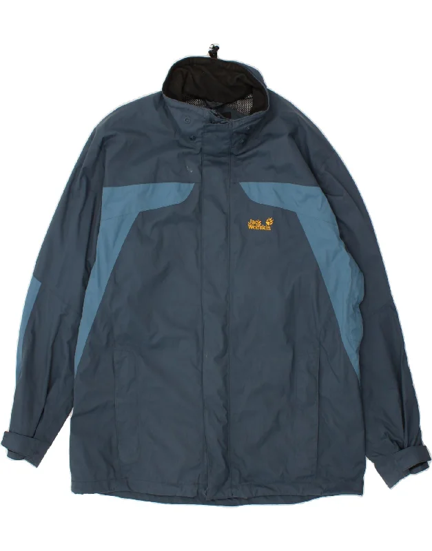 Elegant Men's Wool CoatsJACK WOLFSKIN Mens Rain Jacket UK 48 2XL Navy Blue Colourblock Polyamide