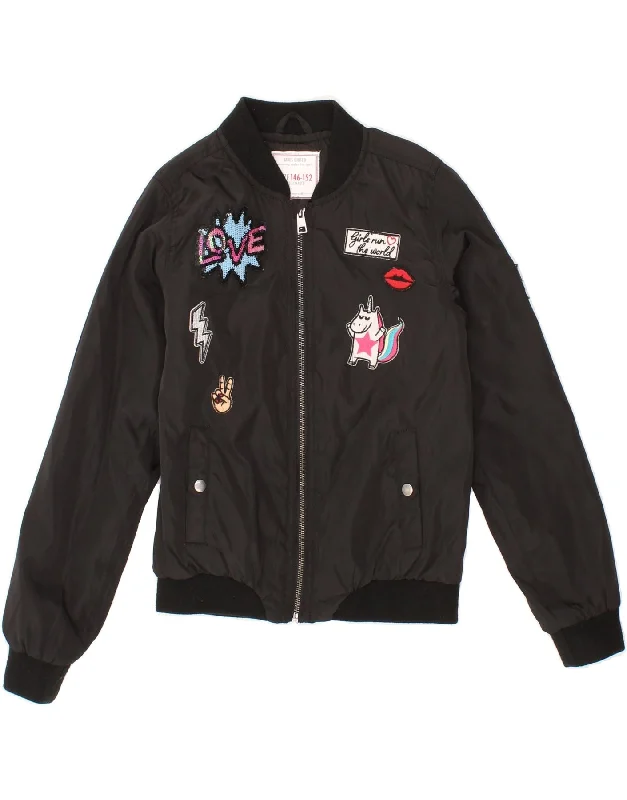 Men's Coats with PocketsVINTAGE Girls Graphic Bomber Jacket 10-11 Years Black Polyester