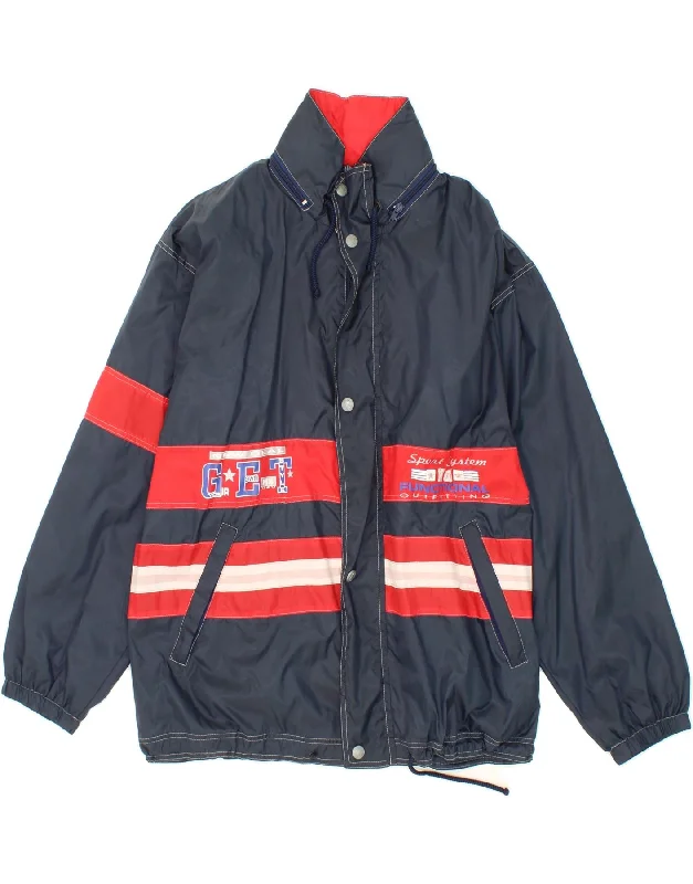 Men's Coats with Magnetic ClosuresVINTAGE Mens Graphic Hooded Rain Jacket UK 38 Medium Navy Blue Colourblock