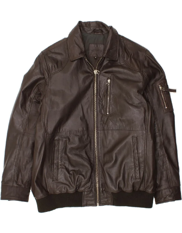 Men's Coats with Snap ButtonsVINTAGE Mens Leather Jacket IT 58 4XL Brown