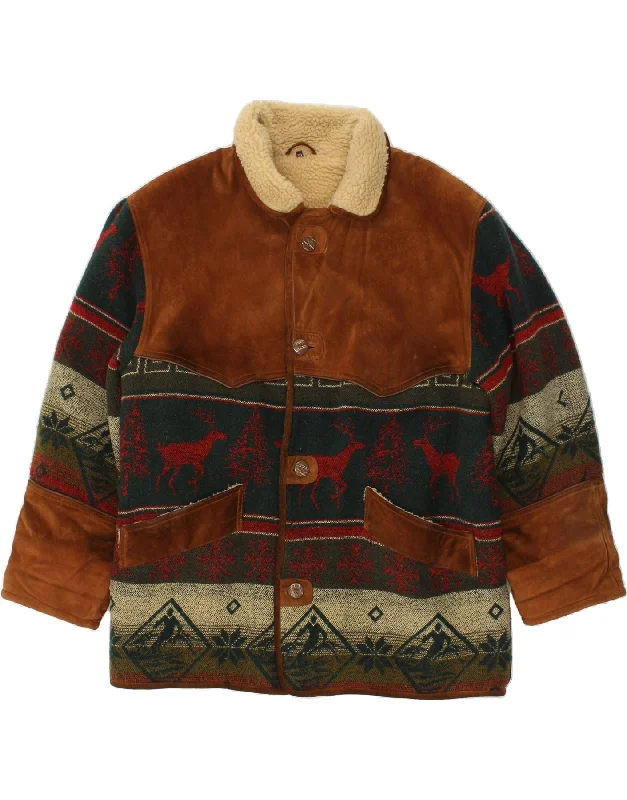 Practical Men's RaincoatsVINTAGE Mens Shearling Jacket IT 50 Large Brown Fair Isle Leather