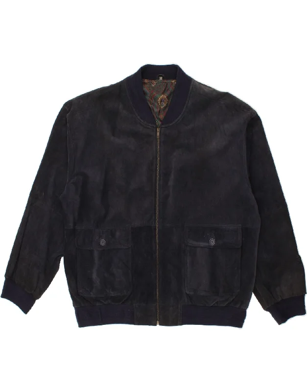 Men's Coats for TravelVINTAGE Mens Suede Bomber Jacket IT 56 3XL Navy Blue Leather