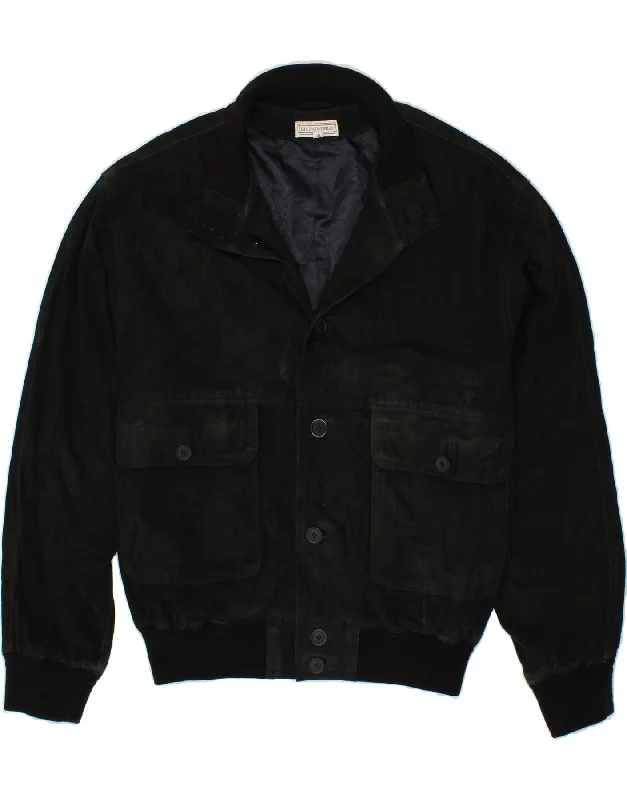 Men's Coats with Adjustable SleevesVINTAGE Mens Suede Bomber Jacket UK 42 XL Black Leather